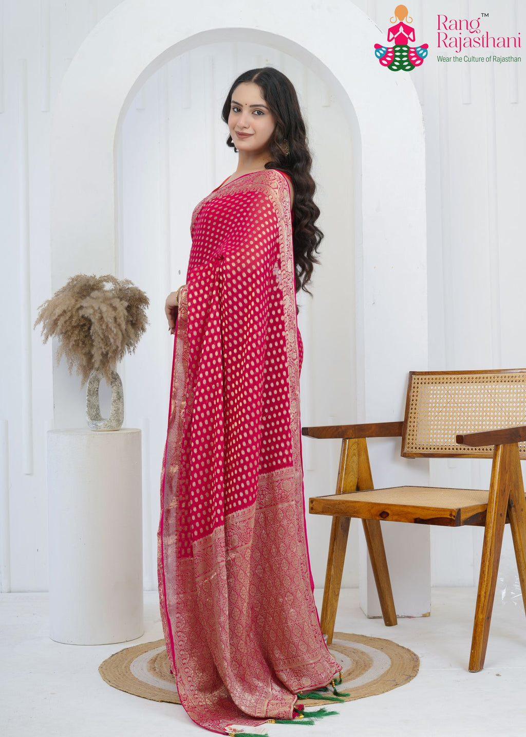 rani pure georgette saree with khaddi work for puja side drape view