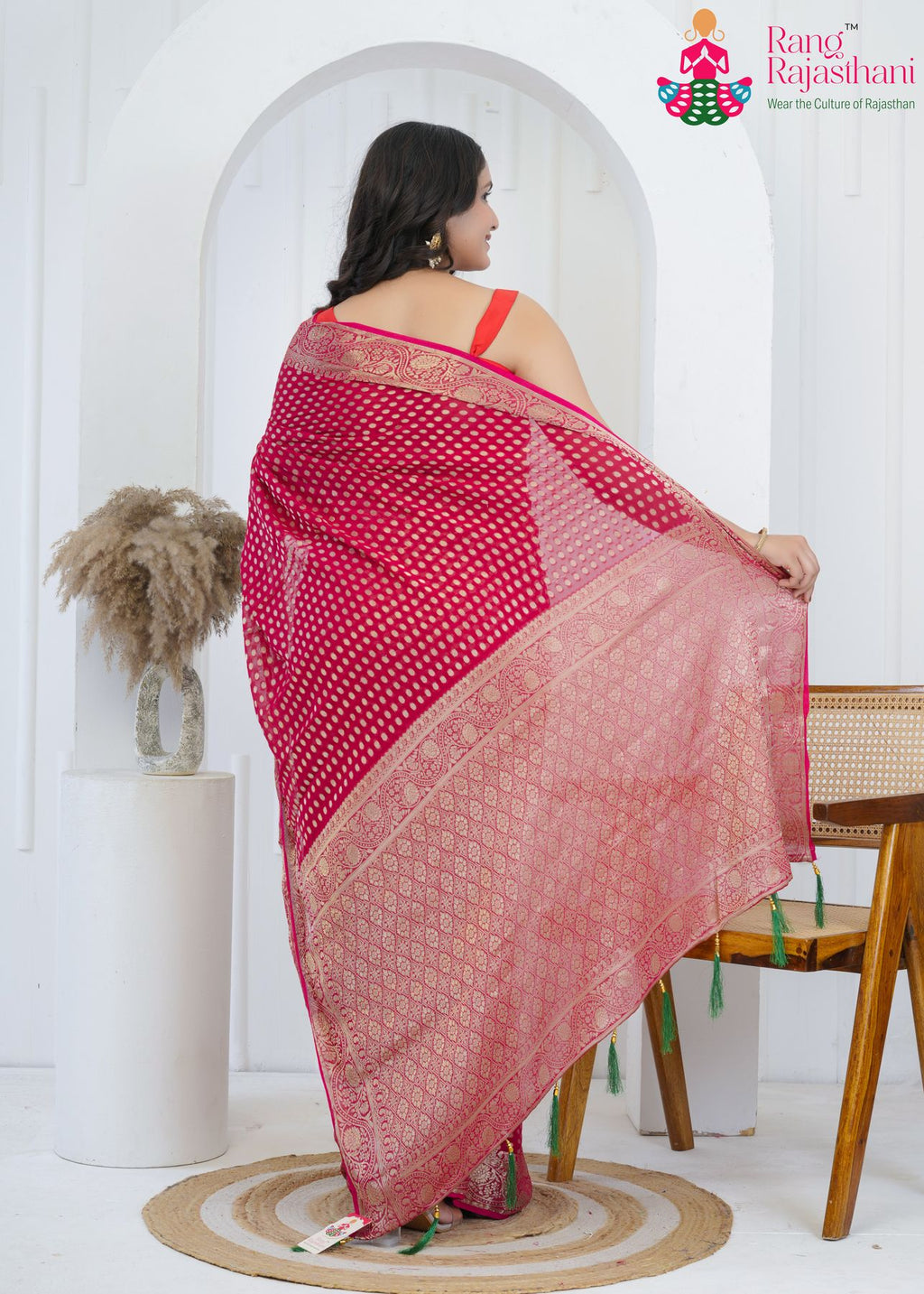 rani pure georgette saree with khaddi work for puja ritual back view