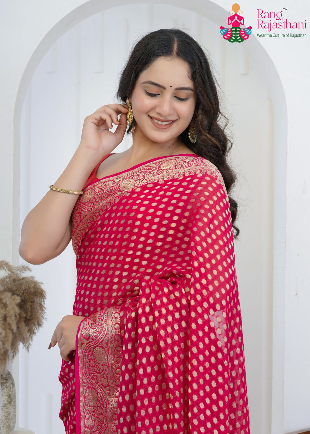 rani pure georgette saree with khaddi work for puja ritual close-up view