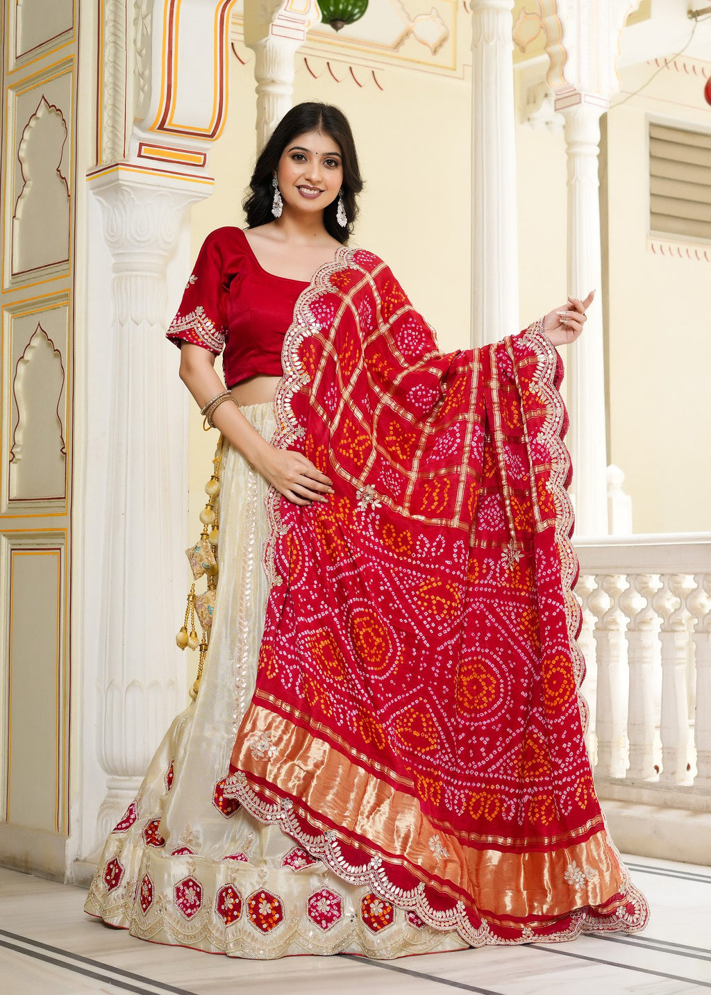 Cream / Red Silk Wedding saree with Gota-patti from Rang Rajasthani
