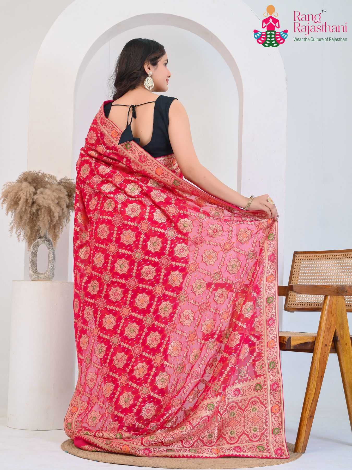 Rani Pure Georgette Khaddi Meenakari Bandhani Saree : Heritage Bloom