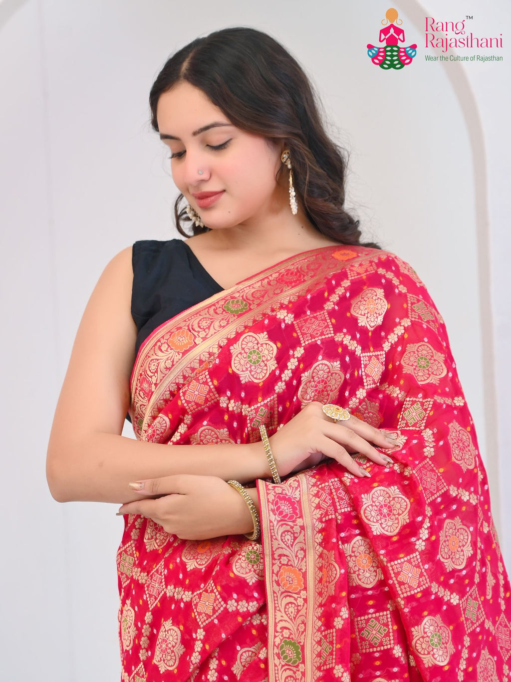 Rani Pure Georgette saree with Khaddi Work close up detailing