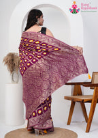 Wine Pure Dola Silk saree with Bandhej Banarasi Zari Work back view