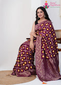 Wine Pure Dola Silk saree with Bandhej Banarasi Zari Work close up detailing