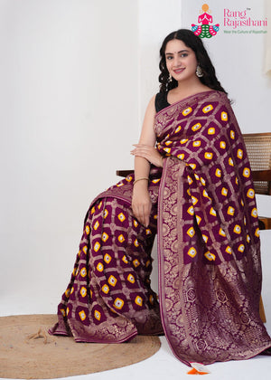 Wine Pure Dola Silk Hand Tie Dye Bandhani Gharchola Saree for Wedding Guest | Shop Now