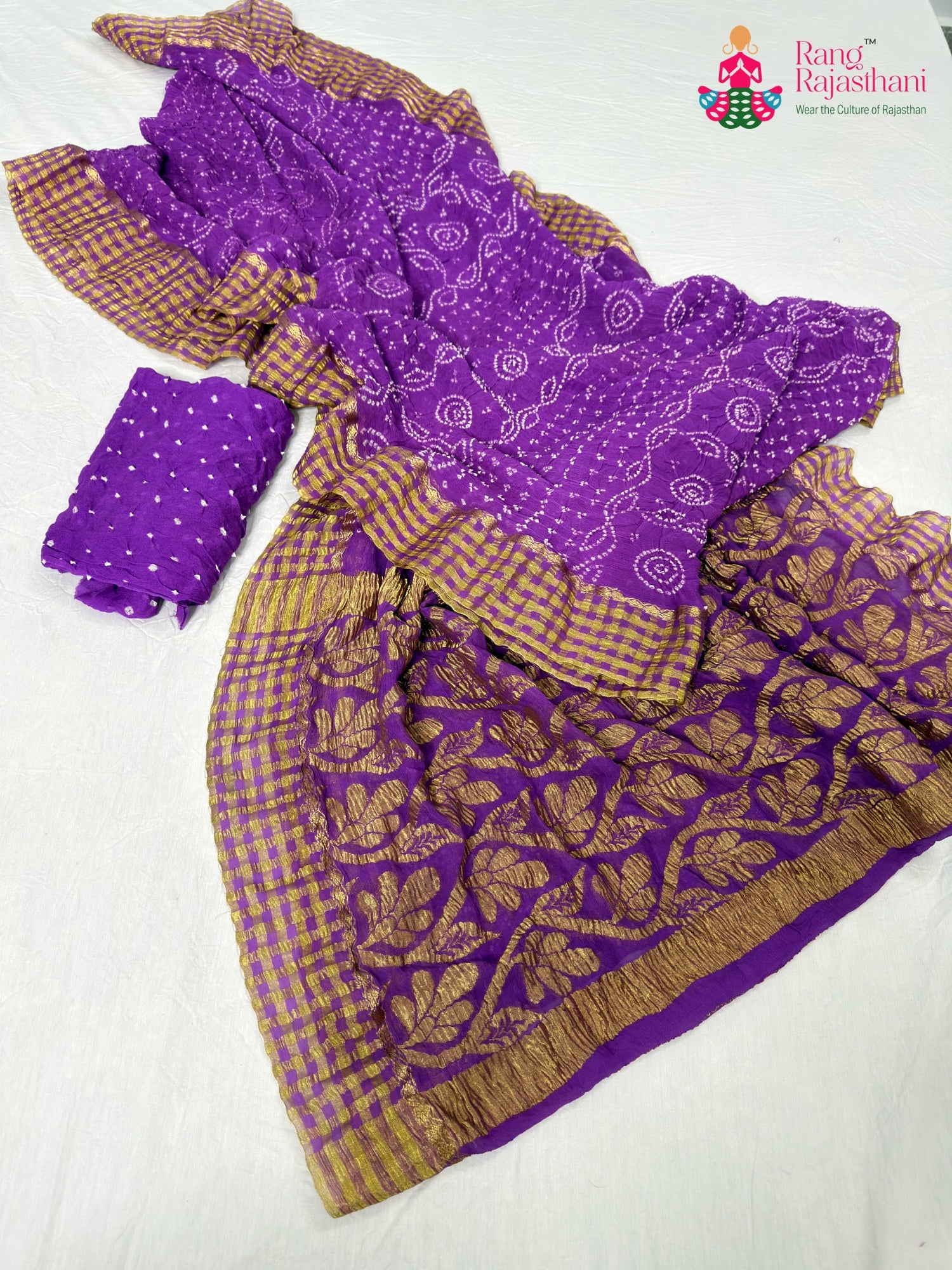 complete look of purple chiffon bandhani saree