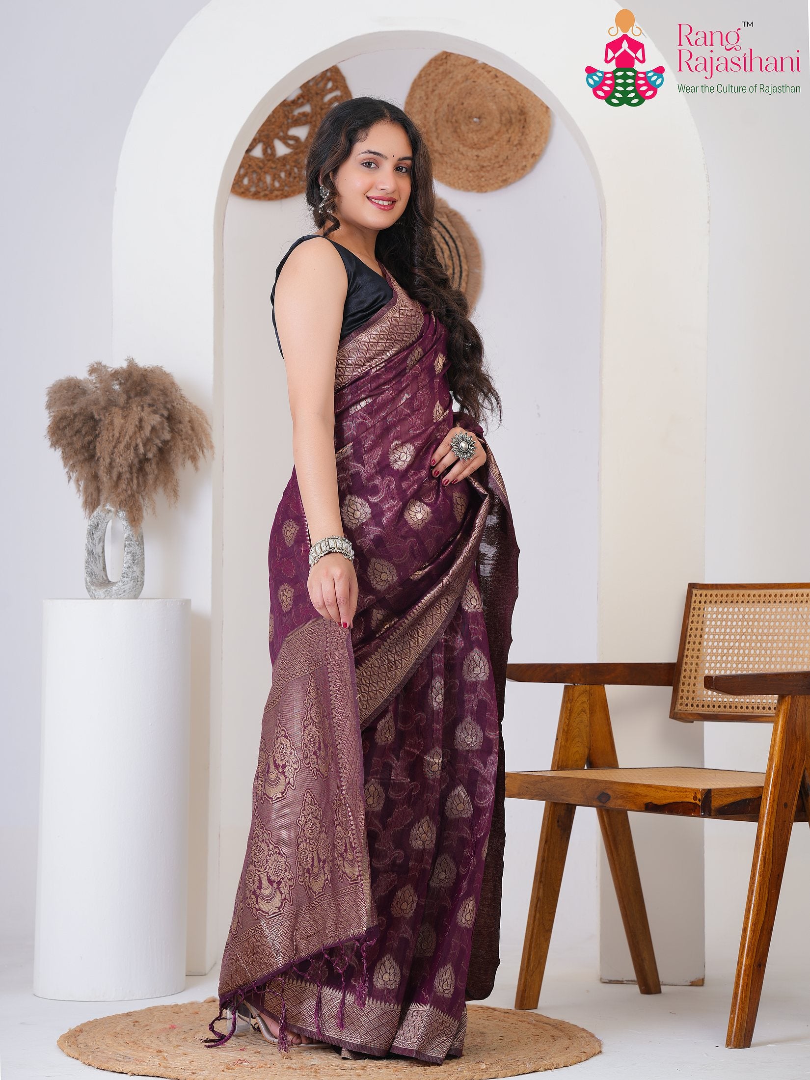 Wine Cotton saree with Weaving side drape view