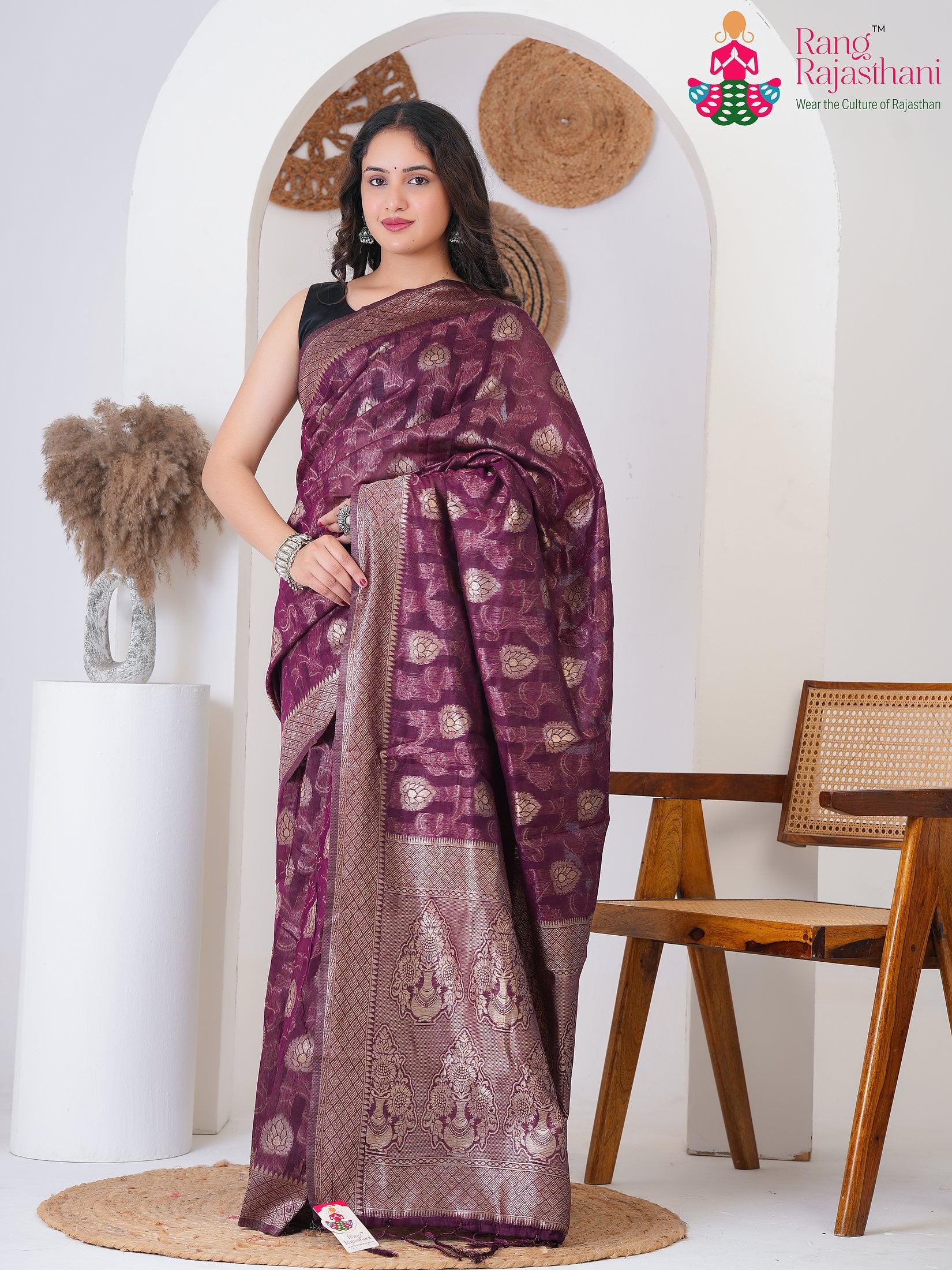 Wine Cotton Party saree with Weaving from Rang Rajasthani