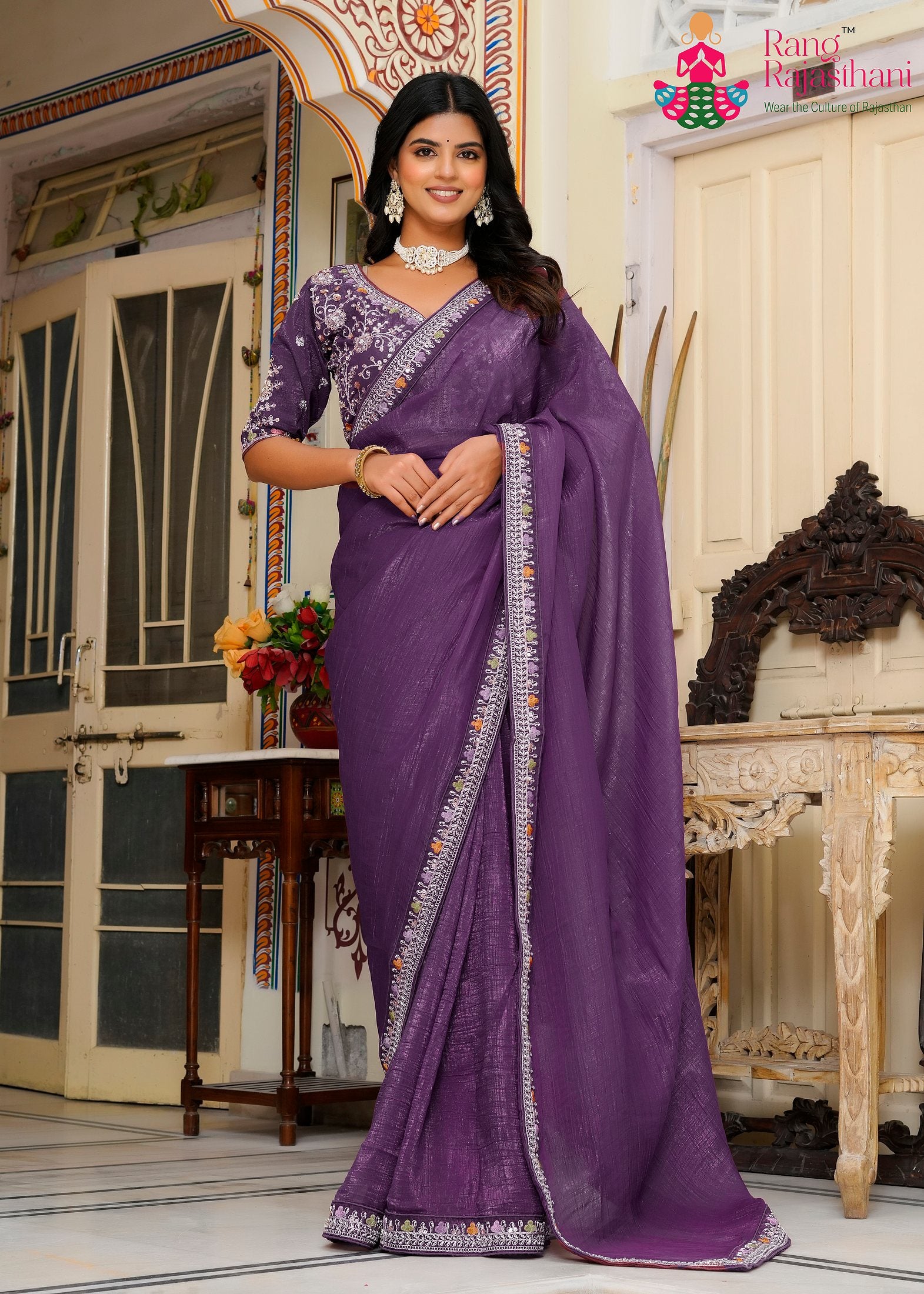 complete look of purple fabric saree 