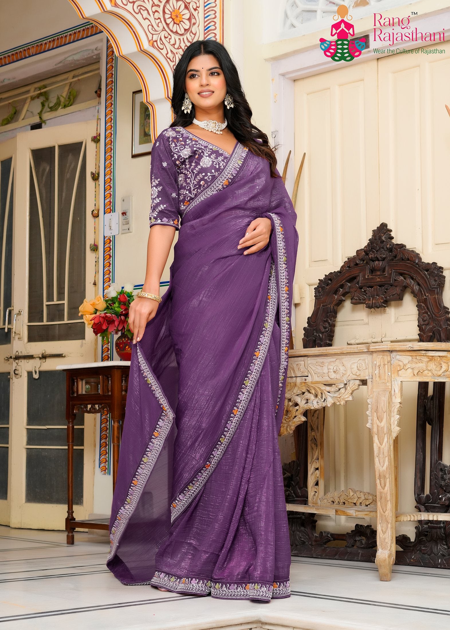 purple fabric saree  for wedding reception by Rang Rajasthani