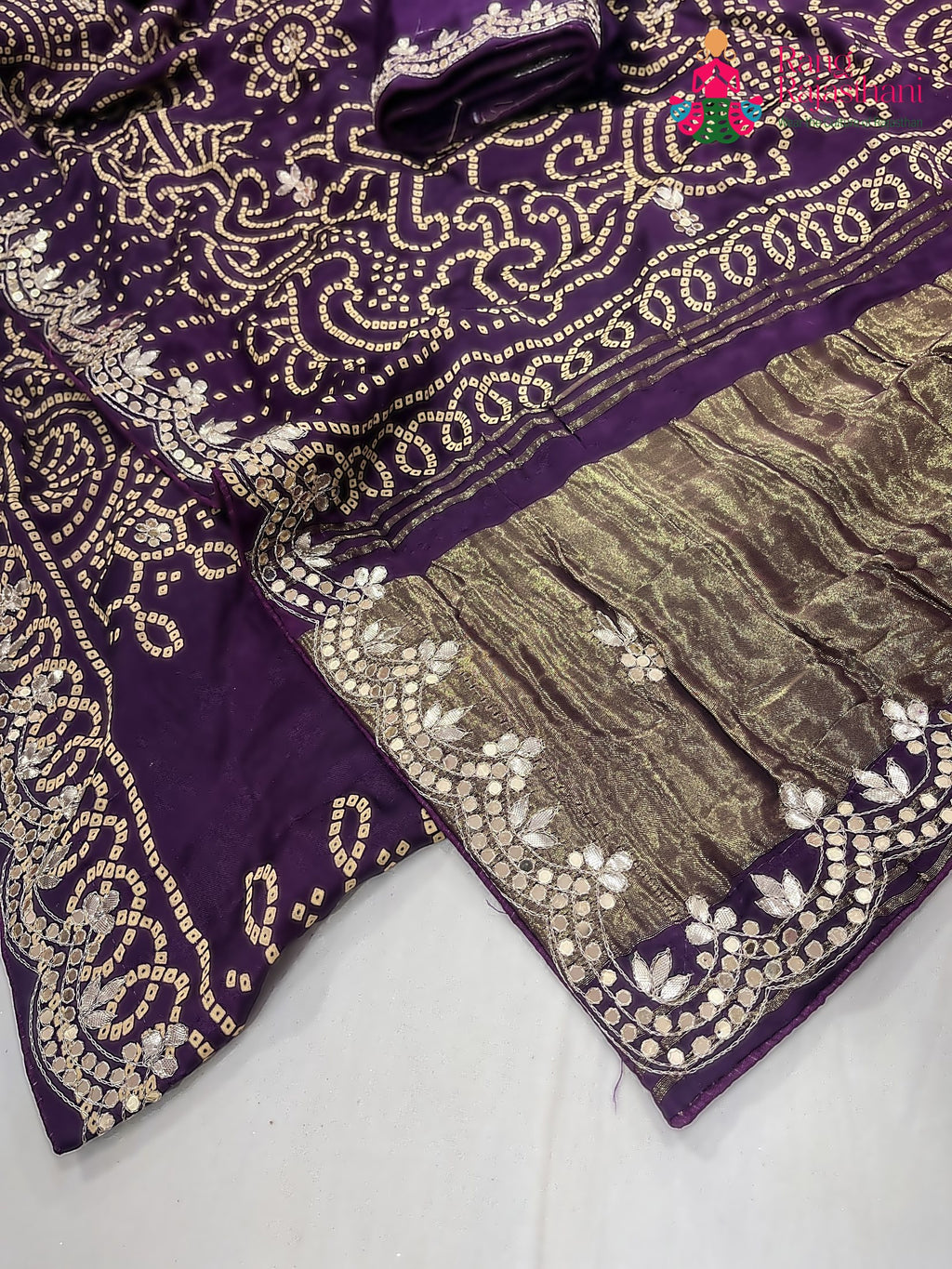 close up detailing of purple modal gota patti saree 