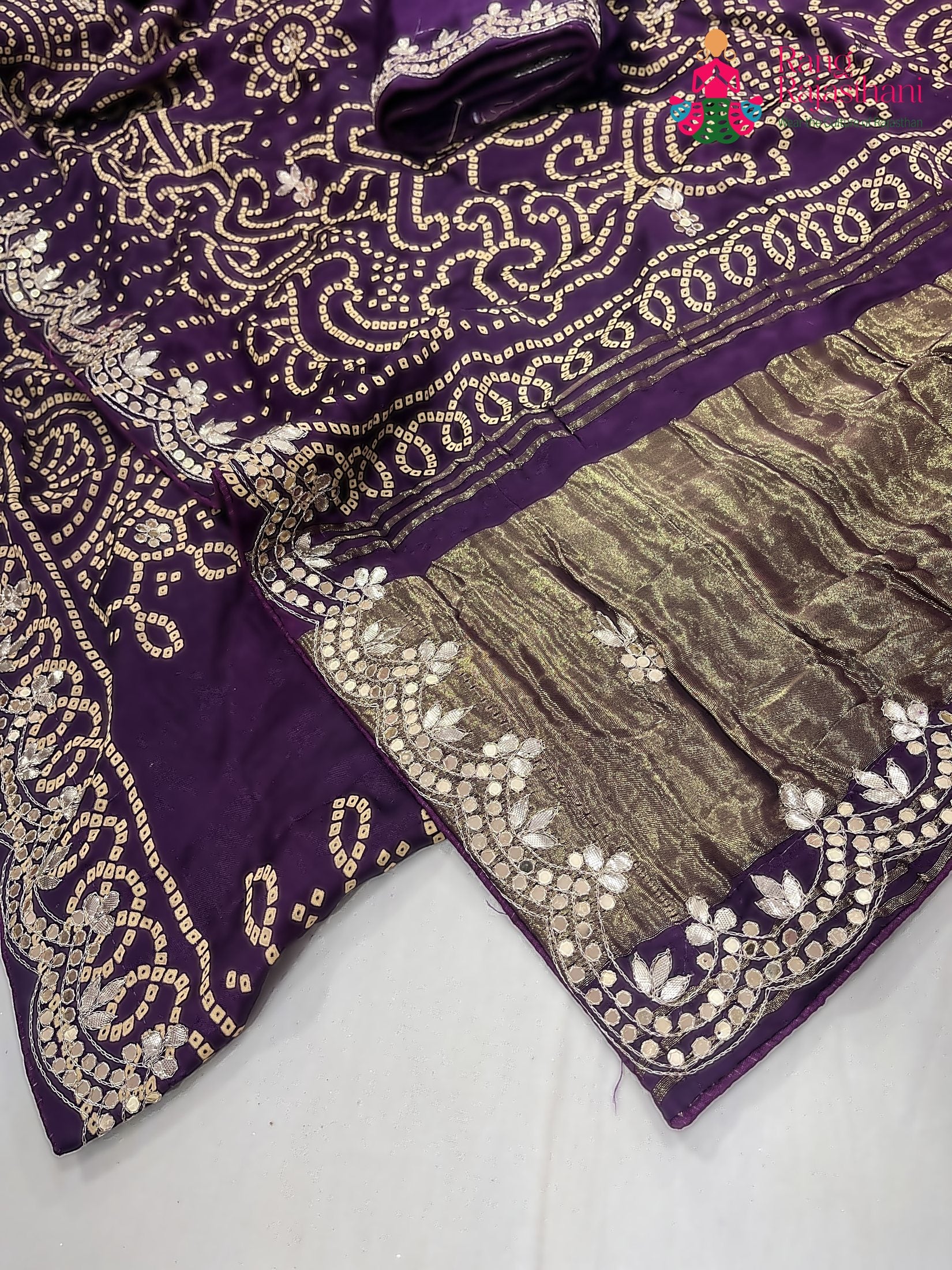 close up detailing of purple modal gota patti saree 