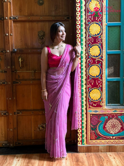 Purple Pure Chiffon Hand Embellishment Saree for Bridal | Shop Latest