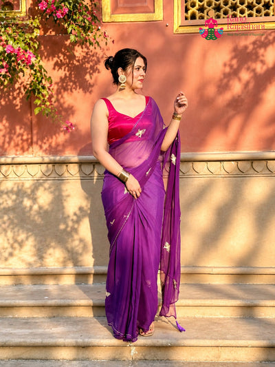 Purple Pure Chiffon Zari Embroidery Saree for Sangeet Night | Luxury Edit