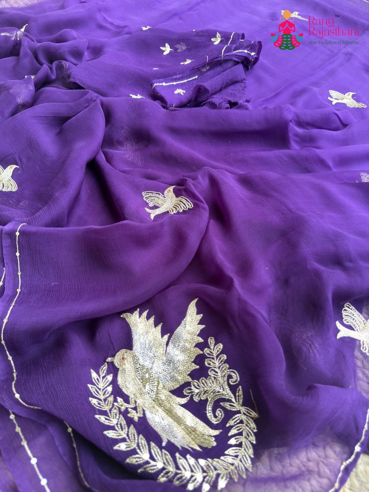Purple Pure Chiffon Zari Embroidery Saree for Sangeet Night | Luxury Edit