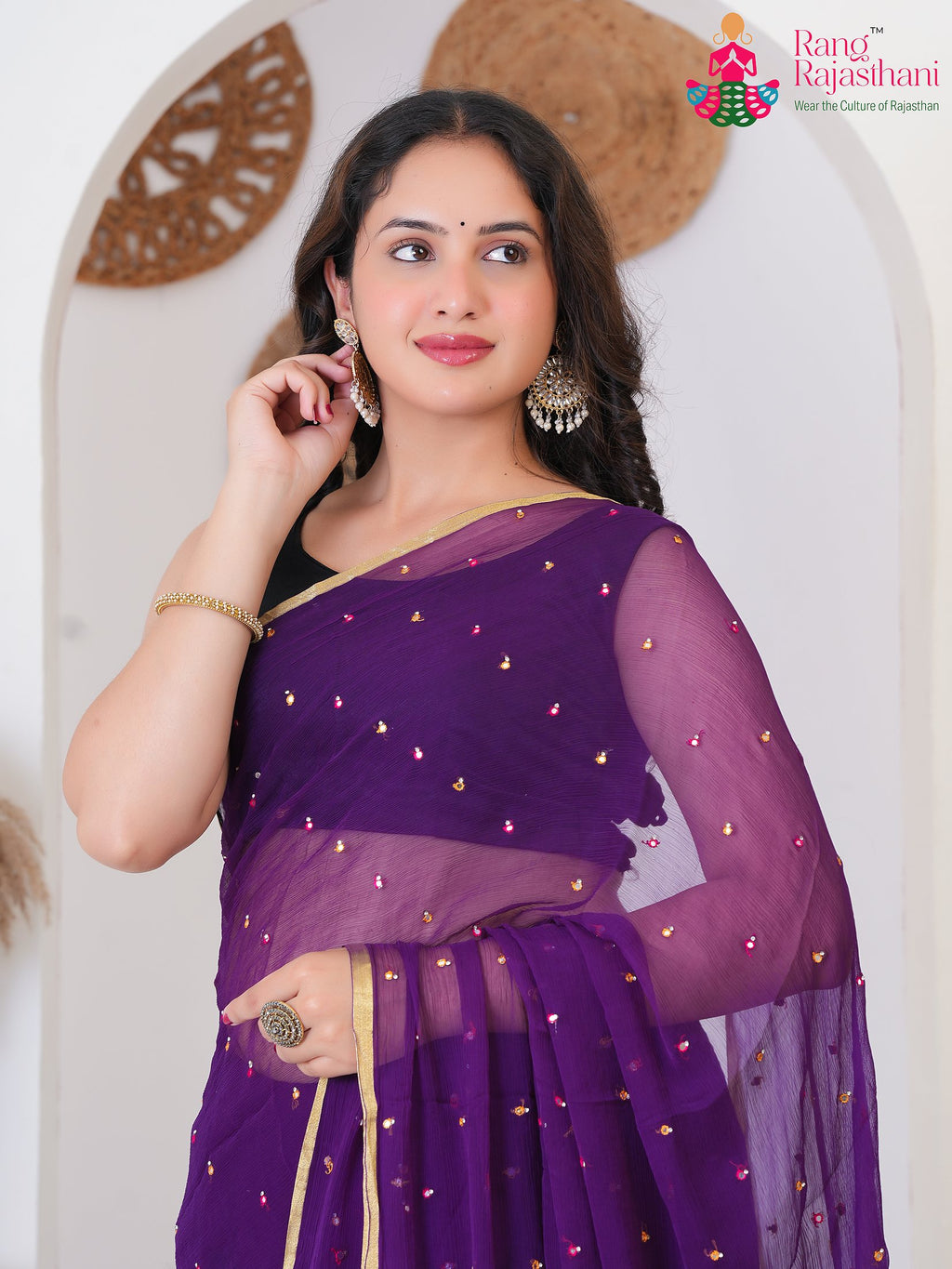 Green PureChiffon saree with Mirror close up detailing