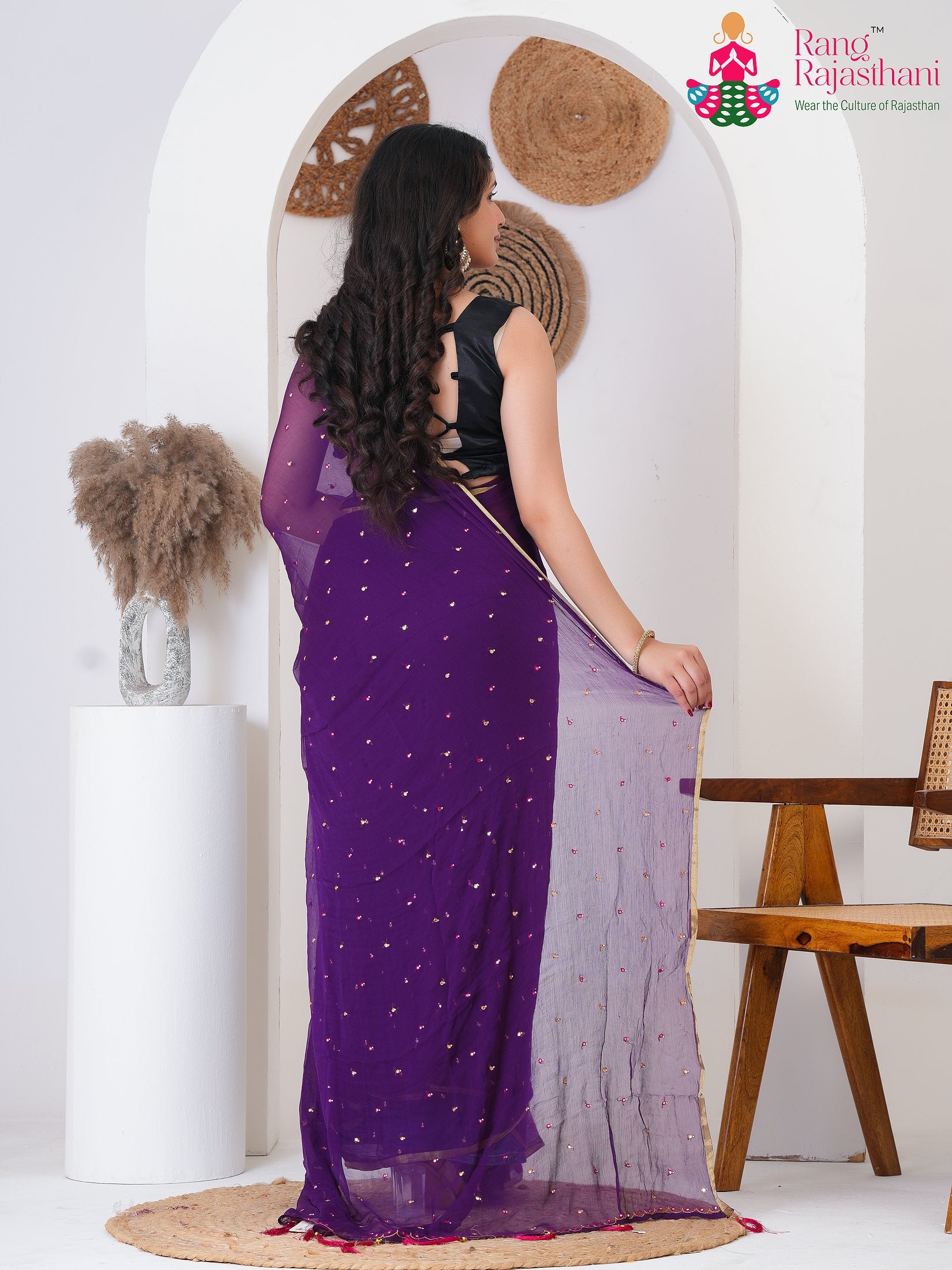 Green PureChiffon saree with Mirror back view