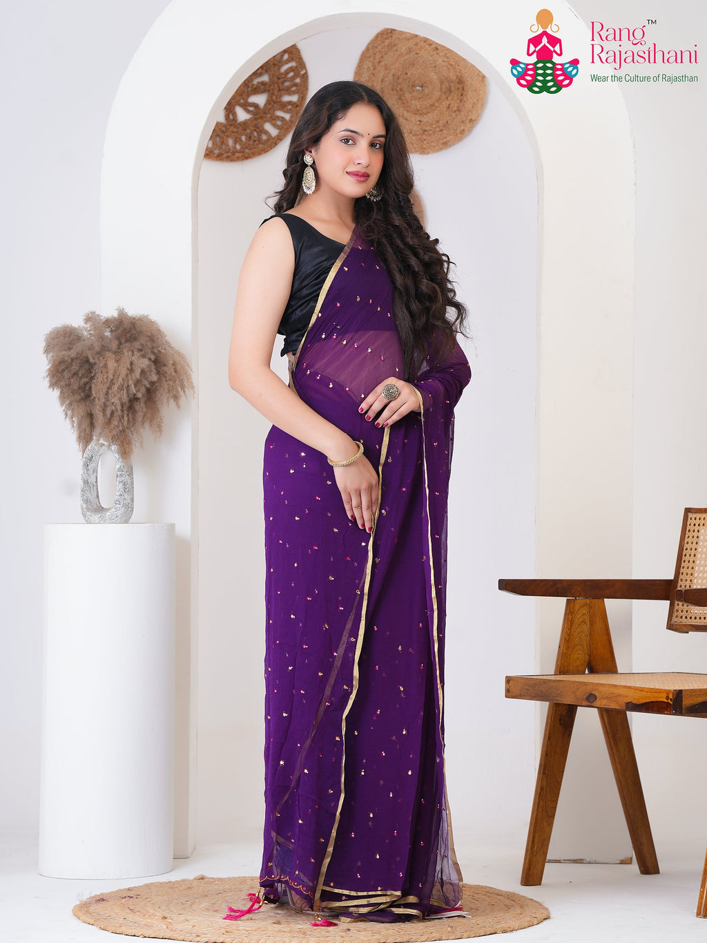 Green PureChiffon saree with Mirror side drape view