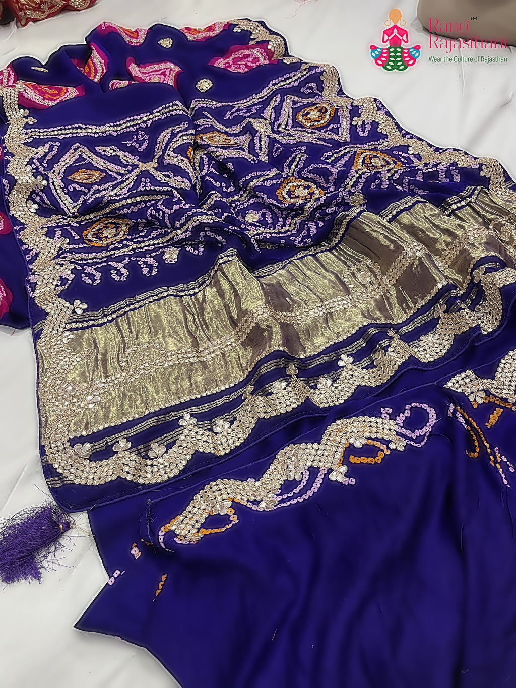 purple pure gajji silk gota patti saree for wedding guest wear by Rang Rajasthani