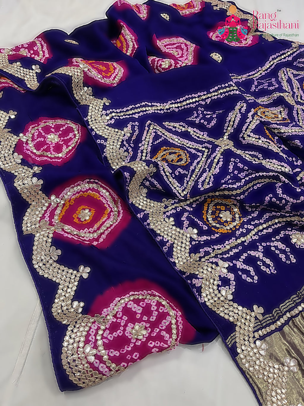 pallu detailing of purple pure gajji silk gota patti saree 