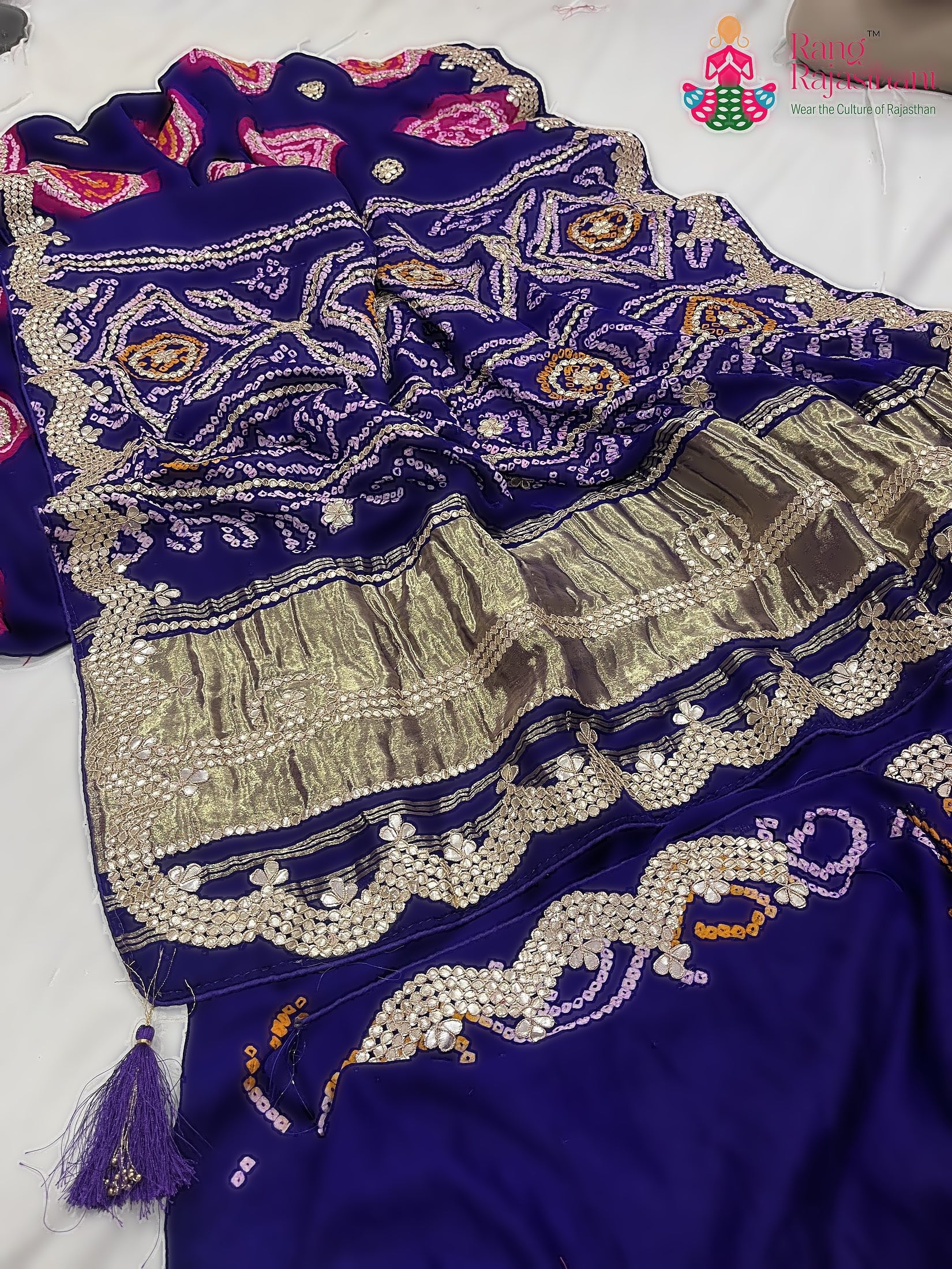Purple Pure Gaji Silk Gota Patti Work Saree : Soft Balance