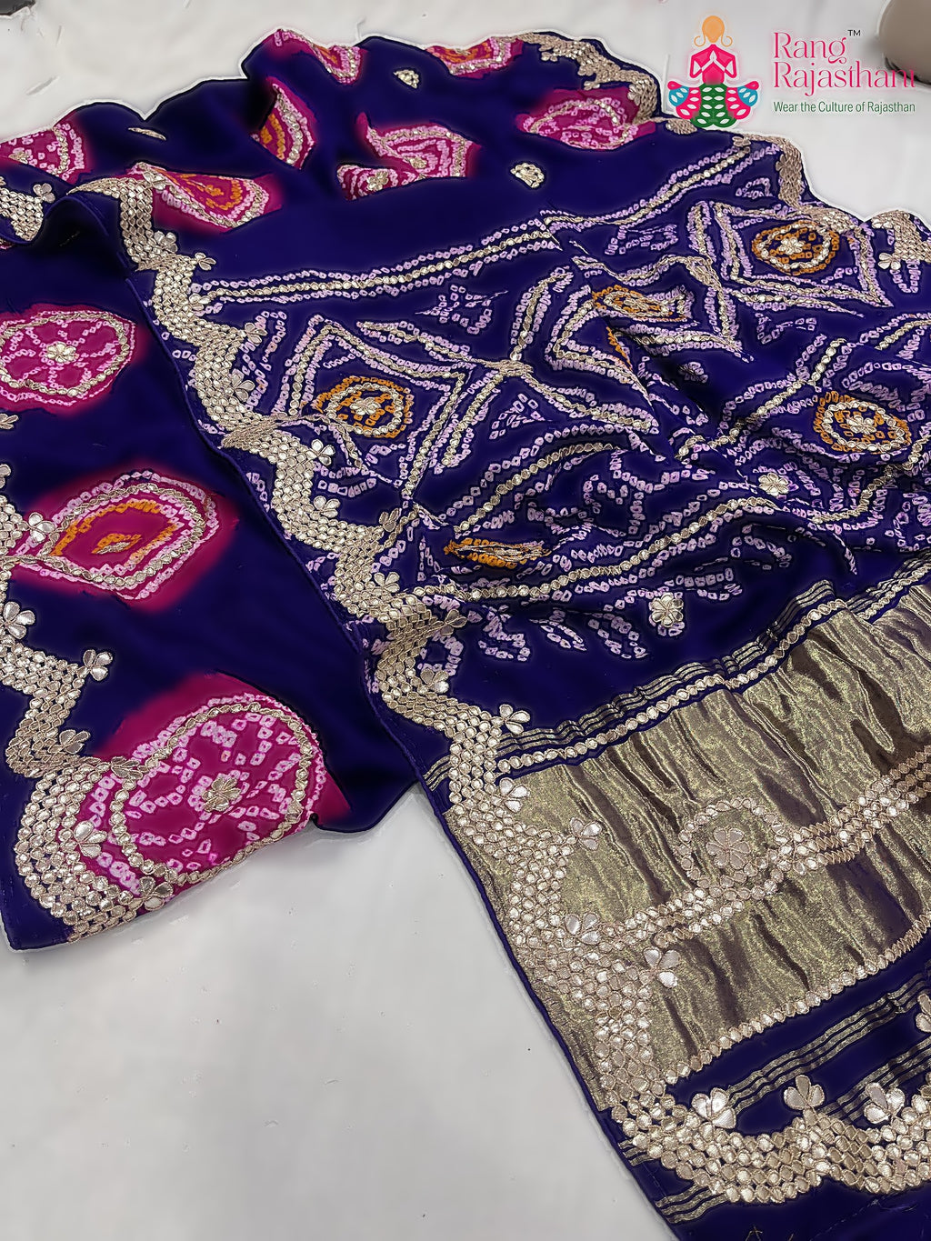 close up detailing of purple pure gajji silk gota patti saree 