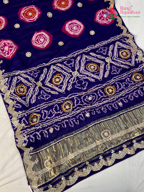 Purple Pure Gaji Silk Hand Tie Dye Bandhani Gharchola Saree for Wedding Guest | Statement Drape main-image