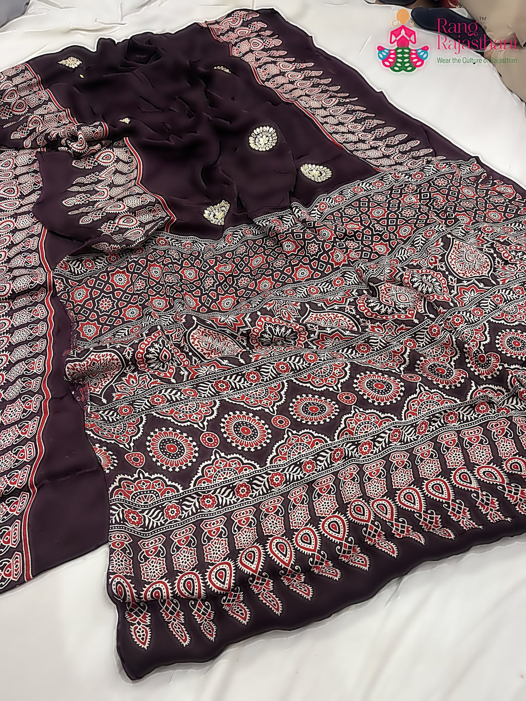 purple pure modal silk ajrakh print saree for casual wear by Rang Rajasthani