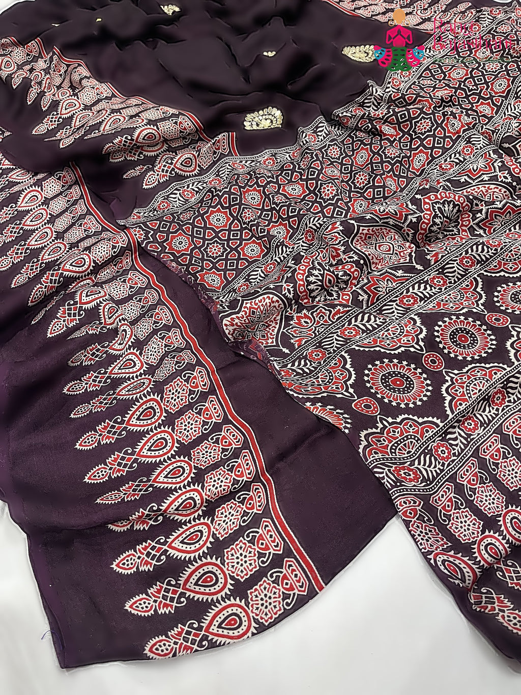 complete look of purple pure modal silk ajrakh print saree 