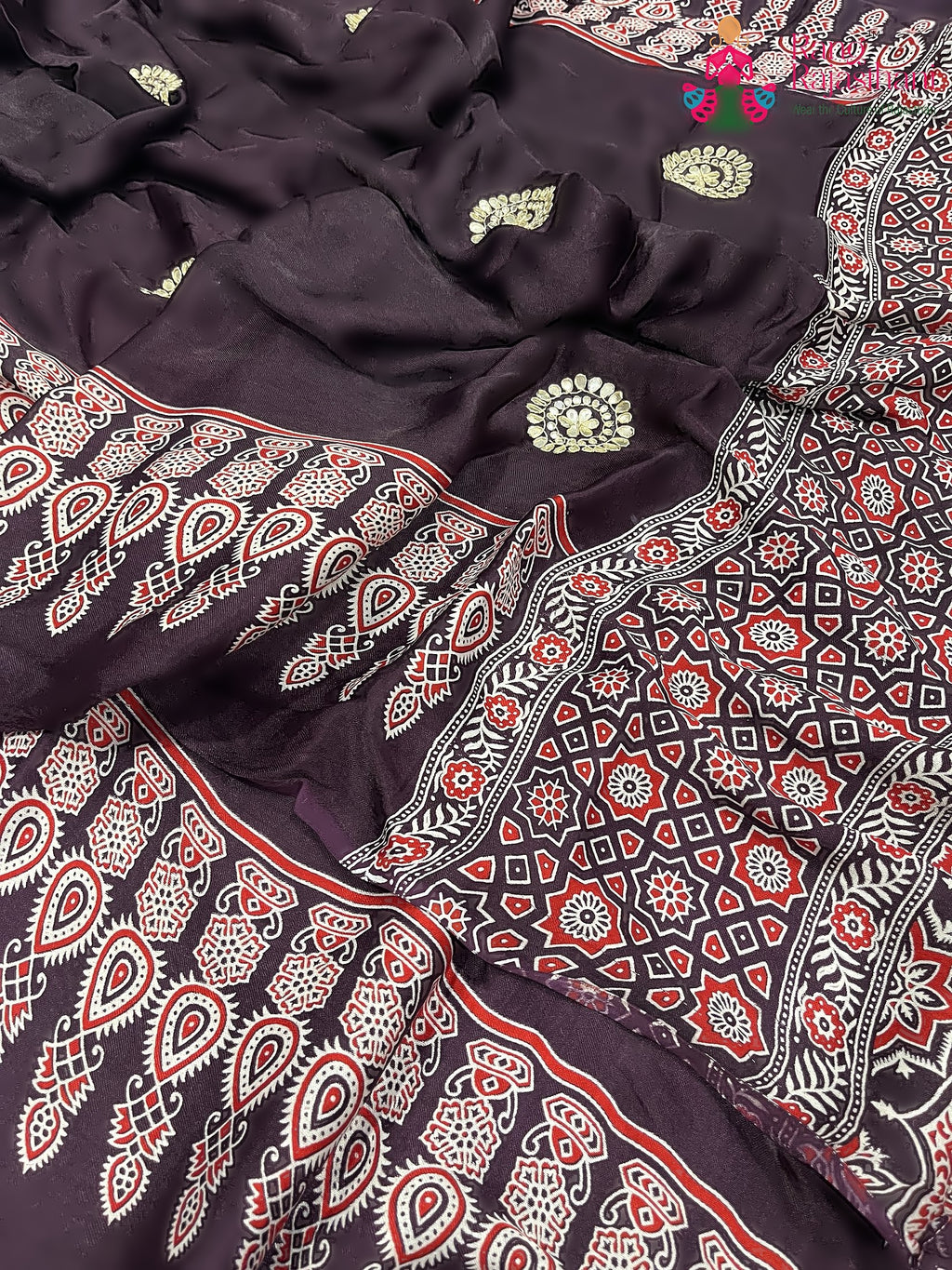 close up detailing of purple pure modal silk ajrakh print saree 