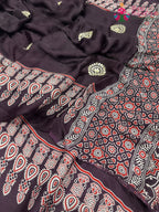 close up detailing of purple pure modal silk ajrakh print saree 