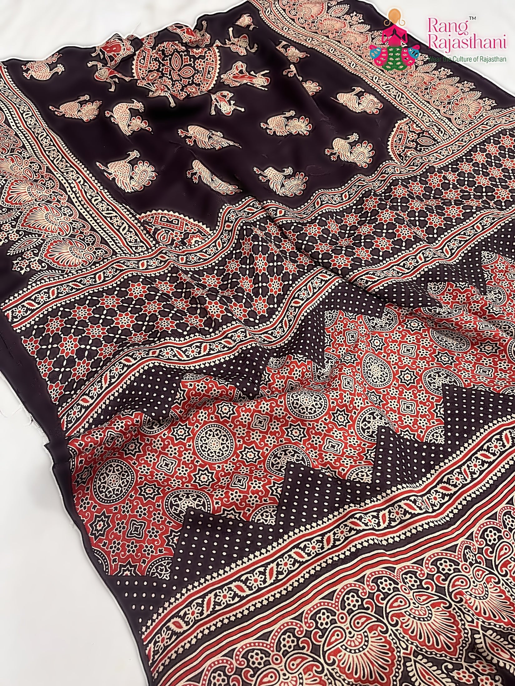 Purple Pure Modal Silk Ajarakh Print Saree : Smooth Charm