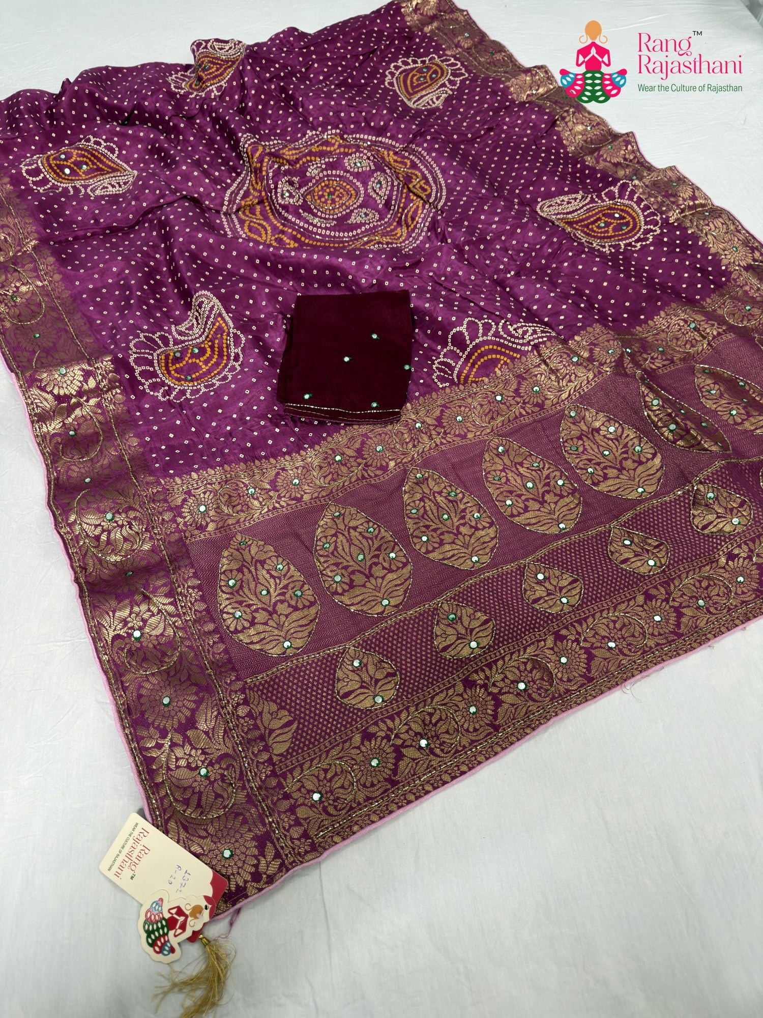 purple pure russian silk bandhani saree for mayra ceremony by Rang Rajasthani