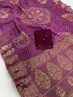 close up detailing of purple pure russian silk bandhani saree