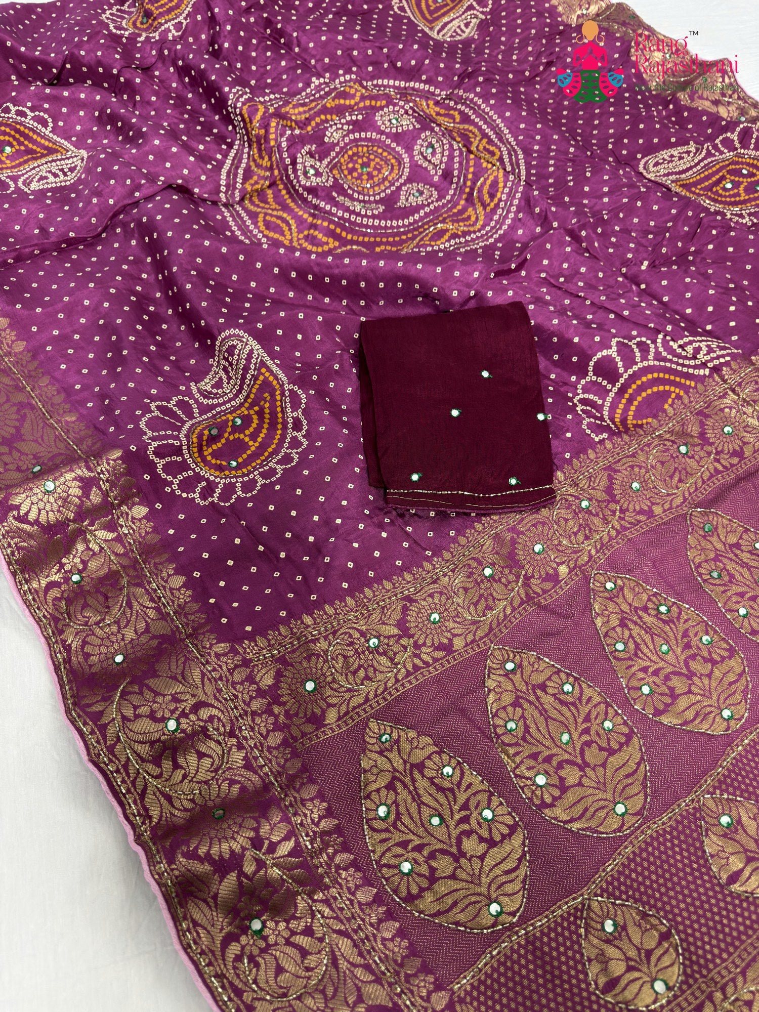 close up detailing of purple pure russian silk bandhani saree