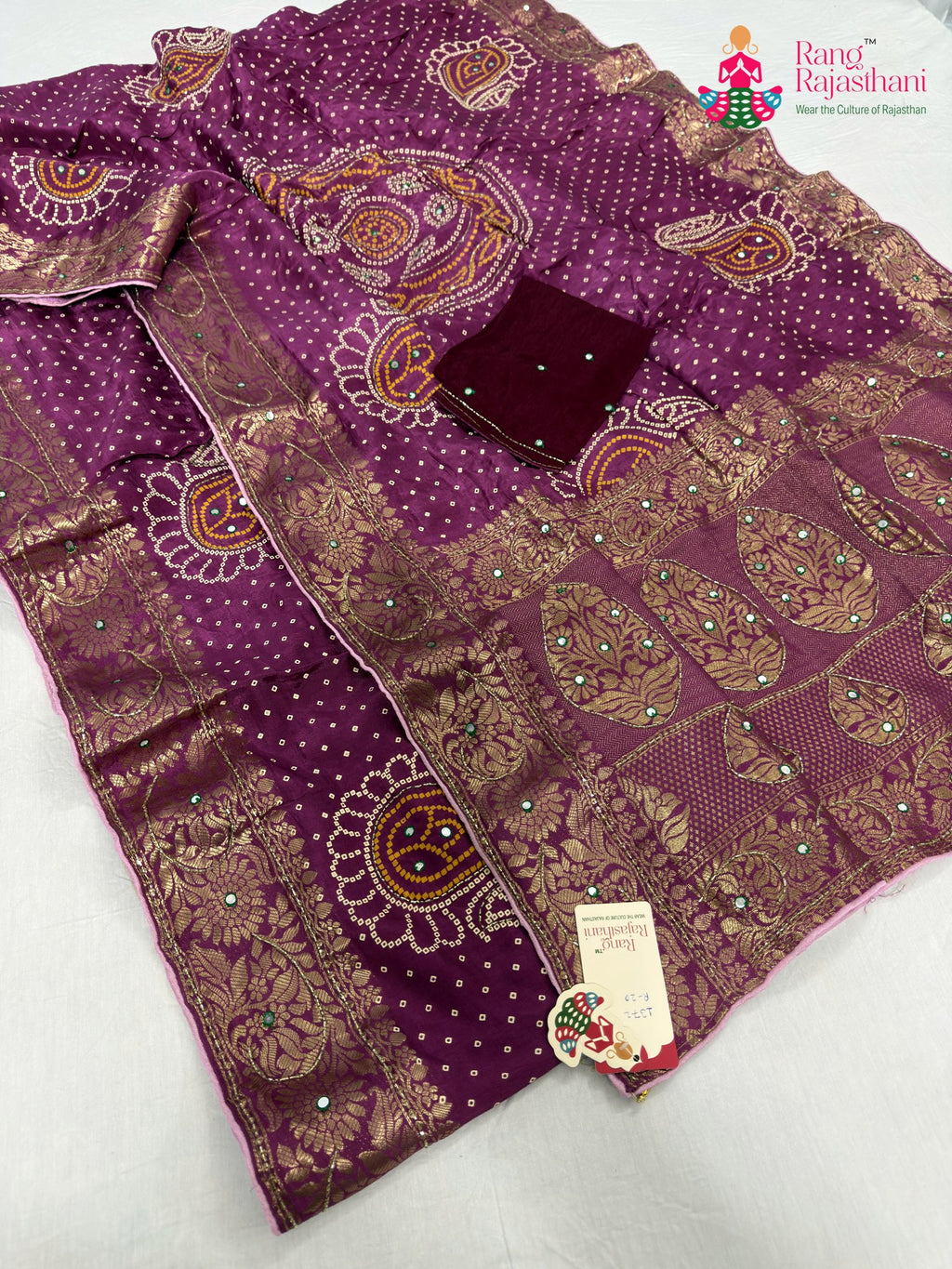 complete look of purple pure russian silk bandhani saree