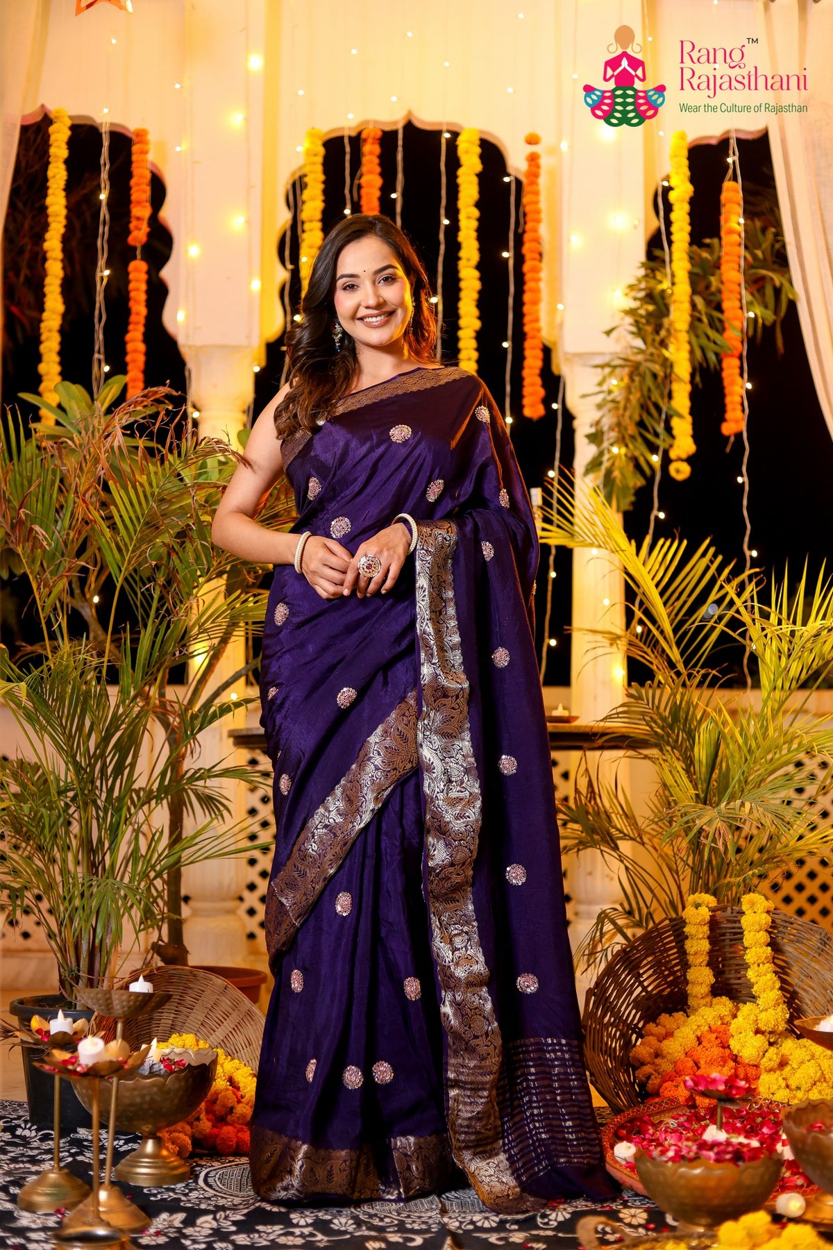Purple Pure Russian Silk Hand Work Saree for Mehendi Ceremony | Premium Collection