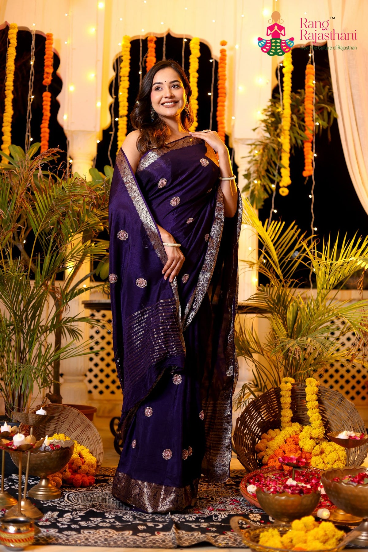 Purple Pure Russian Silk Hand Work Saree for Mehendi Ceremony | Premium Collection