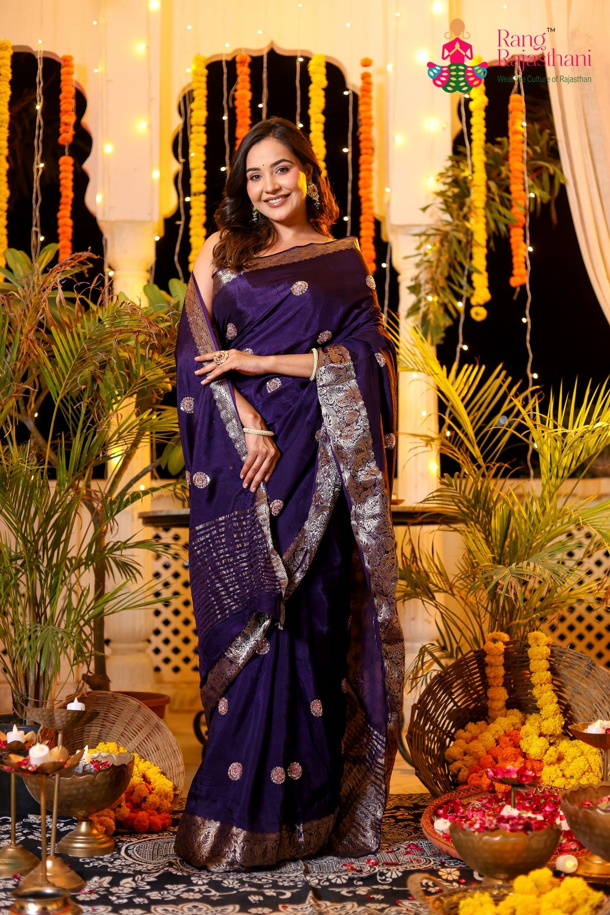 Purple Pure Russian Silk Hand Work Saree for Mehendi Ceremony | Premium Collection
