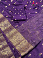 pallu detailing of purple pure russsian silk resham embroidery saree