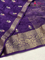 design pattern of purple pure russsian silk resham embroidery saree