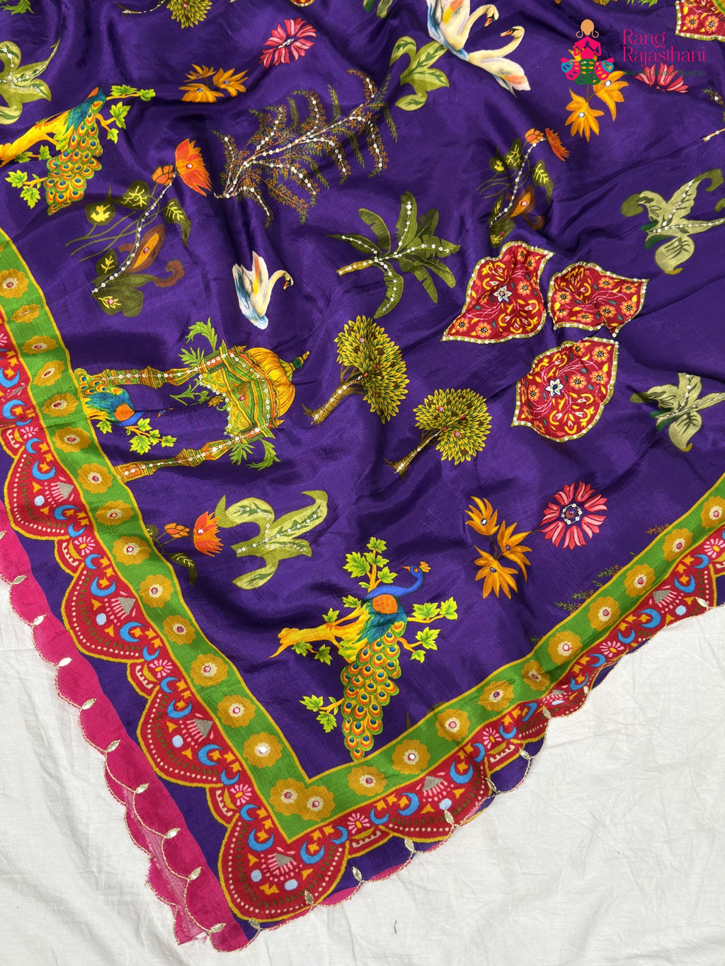 pallu detailing of purple pure russian silk sequin saree