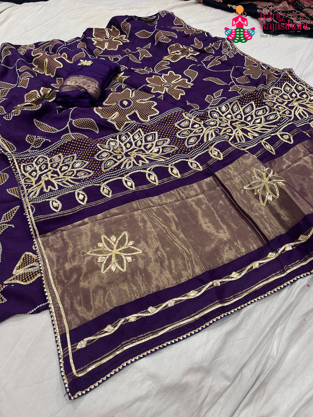 complete look of purple pure Russian silk bandhani saree 