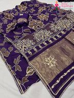 close up detailing of purple pure Russian silk bandhani saree 
