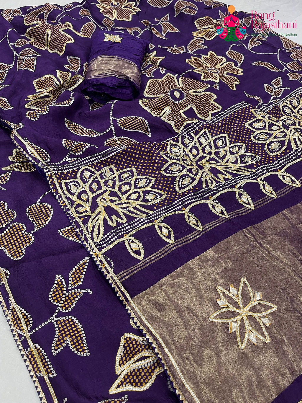 purple pure Russian silk bandhani saree for wedding guest wear by Rang Rajasthani