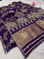 pallu detailing of purple pure Russian silk bandhani saree 