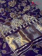 pallu detailing of purple pure russsian silk bandhani saree