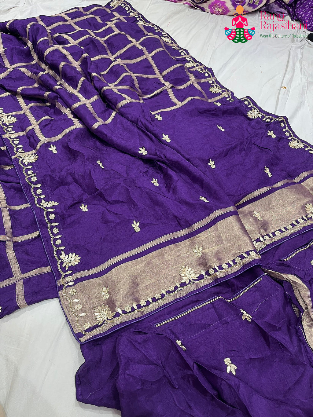 complete look of purple pure Russian silk gota patti saree 
