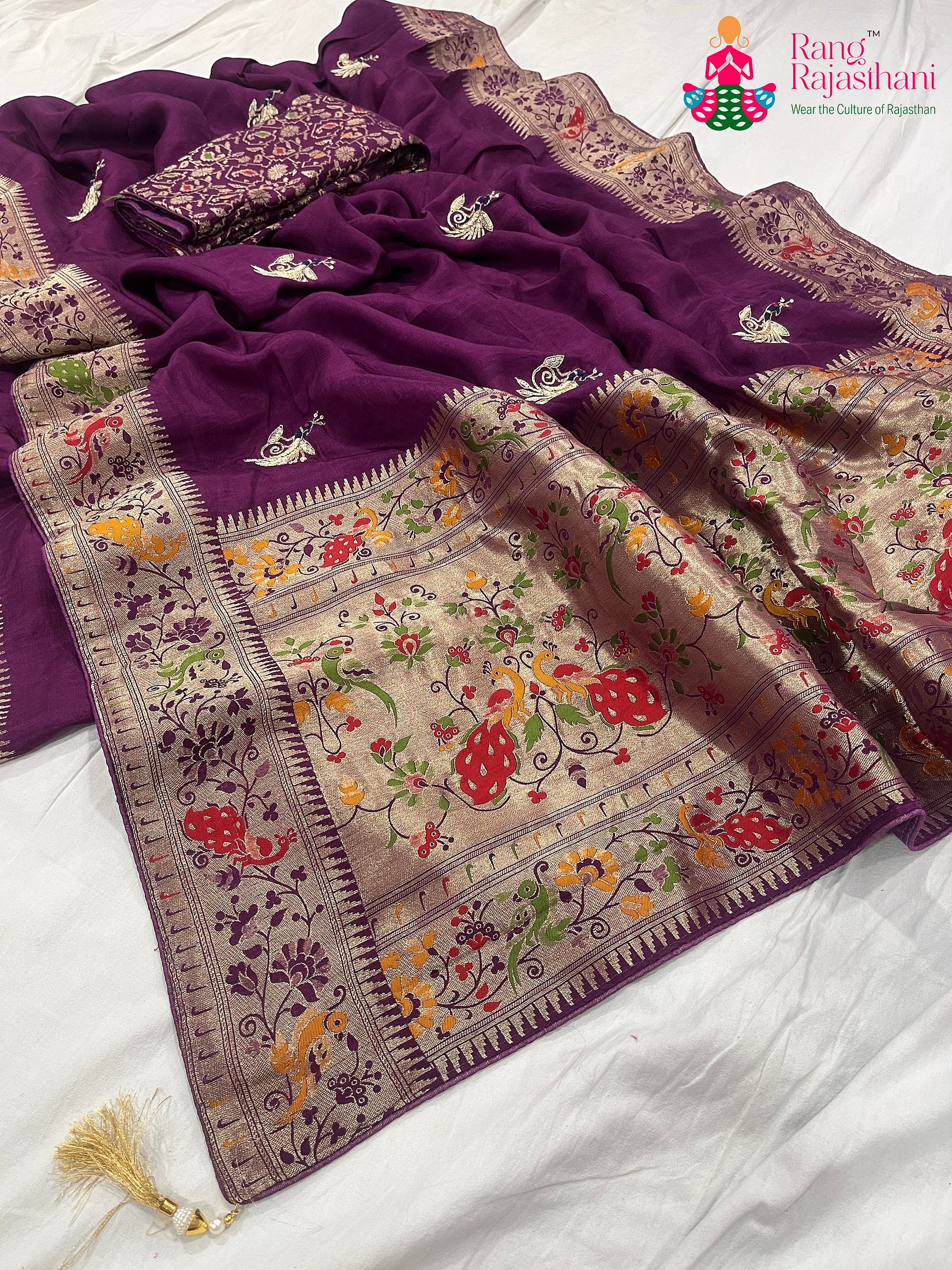complete look of purple pure Russian silk hand saree 