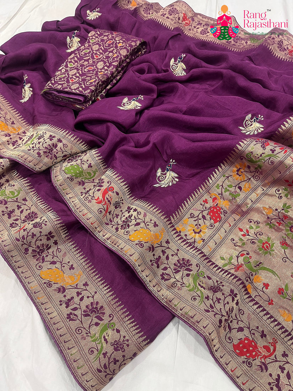 purple pure Russian silk hand saree for wedding guest wear by Rang Rajasthani